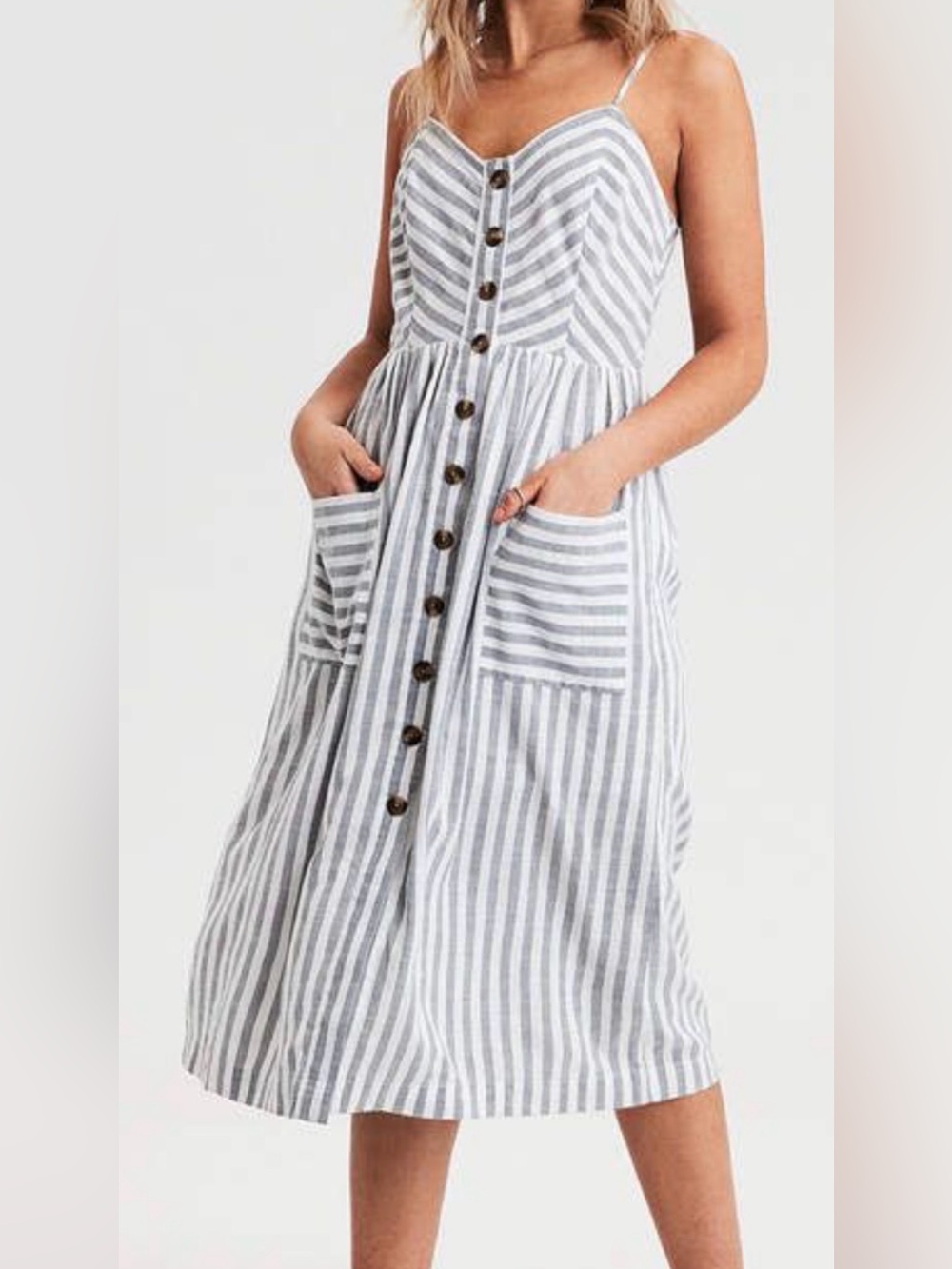 American Eagle Faux Button-Front Midi Dress Gray and White Striped Size S